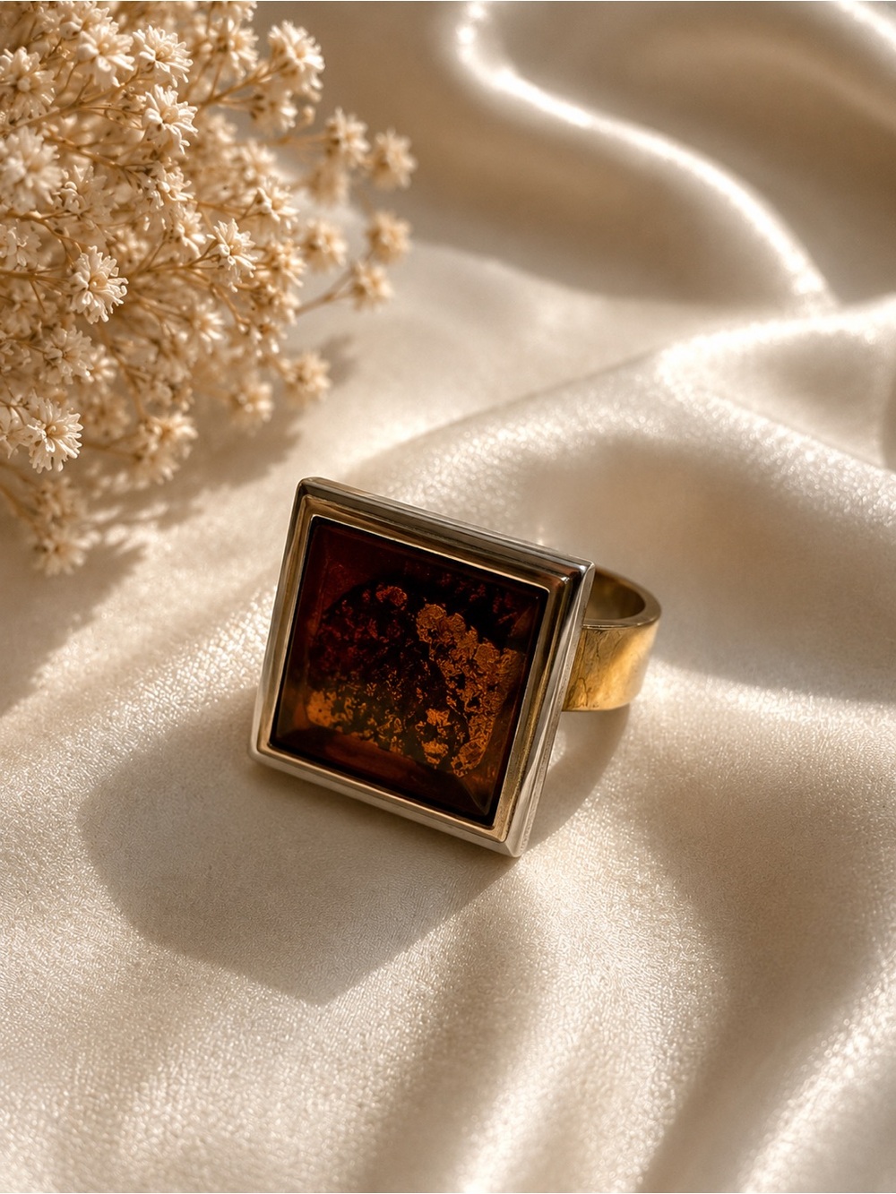 Square Amber Look Statement Ring - Gold Toned